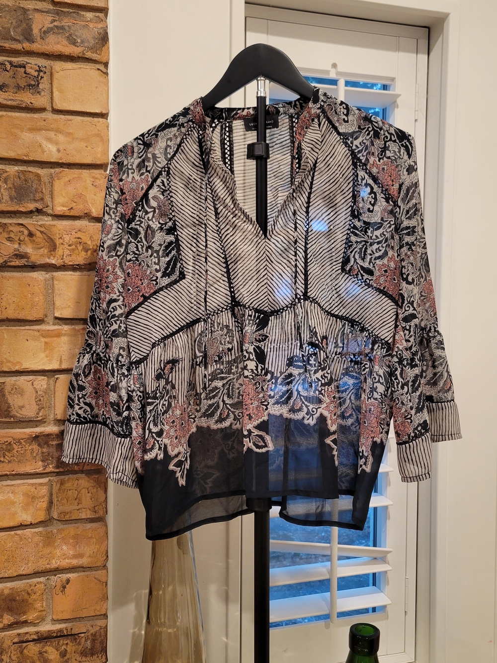 Lucky Brand Black Sheer Floral & Stripe V-Neck Blouse